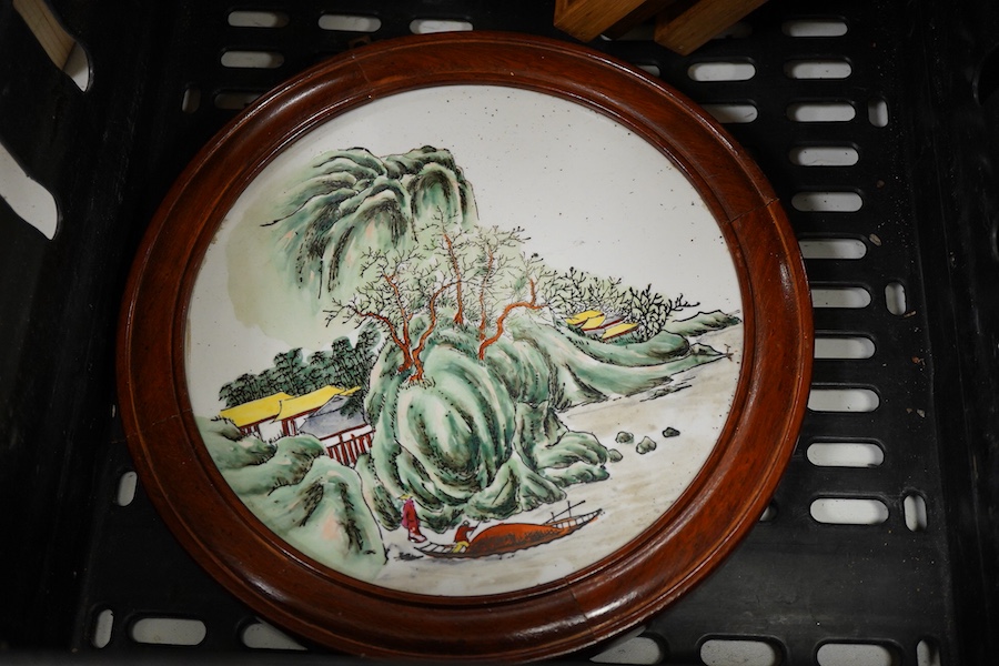 A collection of various tiles to include Minton style and a framed Chinese circular plaque